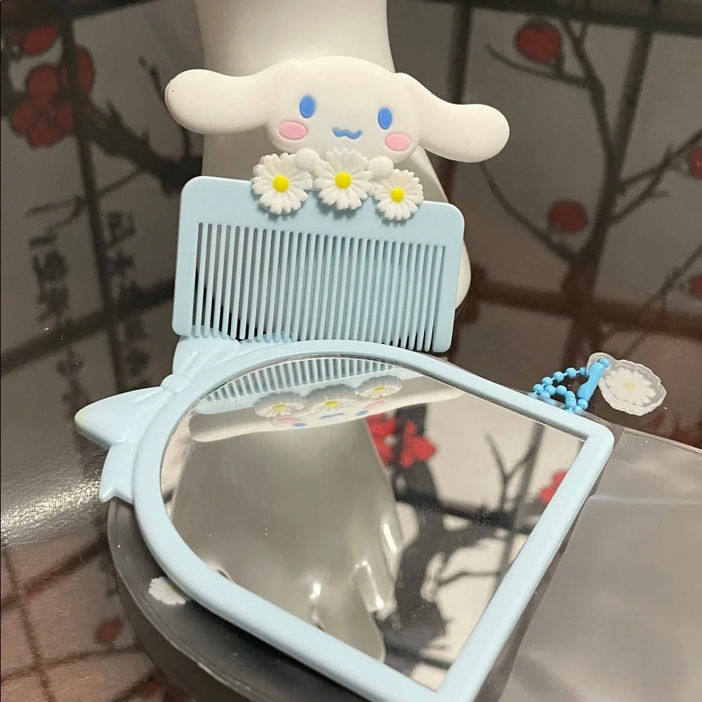 Sanrio Cinnamoroll Blue Handheld Mirror and Comb Set with Daisy Accents